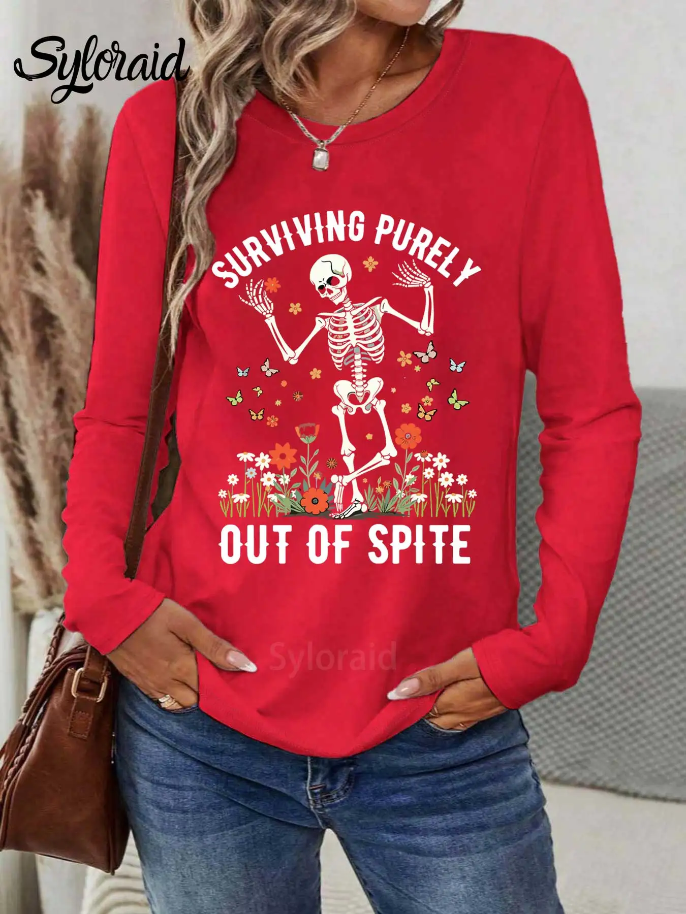 المرأة طويلة الأكمام تي شيرت البقاء على قيد الحياة بحتيا من البصق تي شيرت الساخرة الهيكل العظمي قميص موضة الجولة الرقبة رداء علوي غير رسمي #3