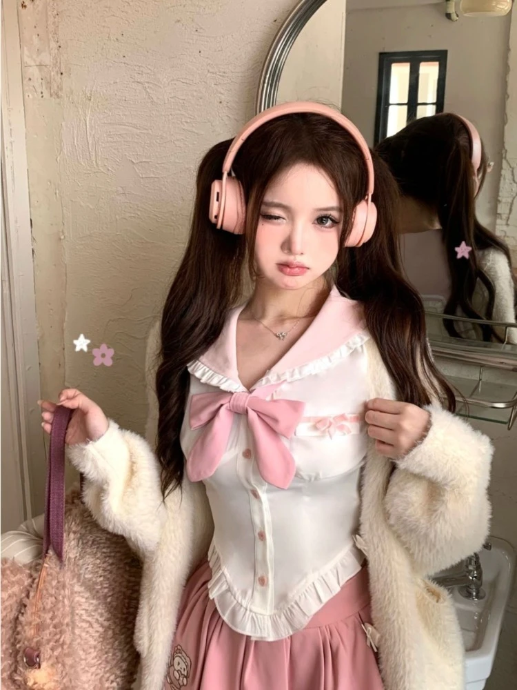 

Summer Oversize Sweet Rabbit Ear Sailor Collar Puff Sleeve Shirt+ Y2k High Waist Pink Ruched Skirts 2025 New Two Piece Sets