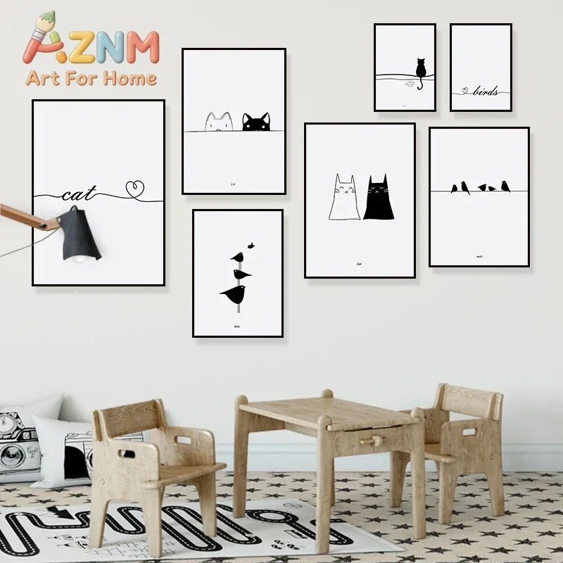 Cats Love Line Canvas Painting Minimalist Decorative Art Print Poster Nordic Black White Wall Picture Decor Nursery Kids Room