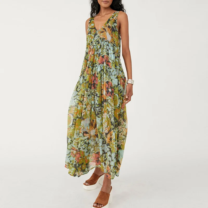 

Mujer Summer Floral Print Sling Long Dress Fashion Sleeveless Hollow Beach Vacation Dress Casual High Waisted Loose Boho Dresses