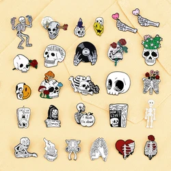 More Styles Halloween Day Punk Skeleton Enamel Pin Women Men Rose Flower Skull Brooches Metal Jean Coat Lapel Pin Badge Jewelry