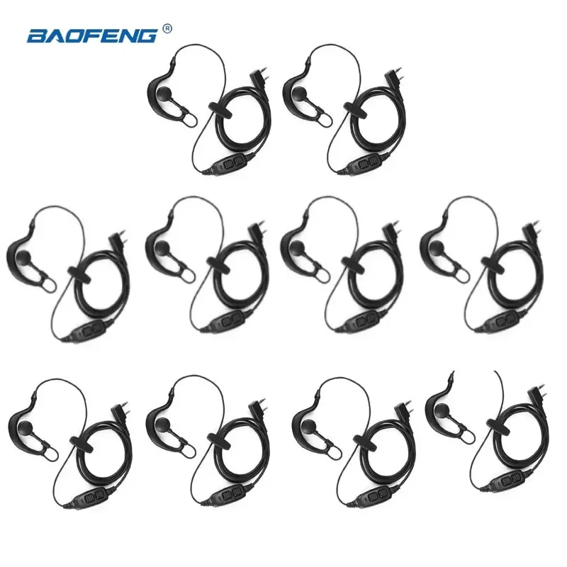 10 buah BAOFENG UV-82 Walkie Talkie Headset Earpiece 2-PIN Earbud mikrofon PTT Earphone Interphone untuk UV-5R/KENWOOD/HYT Radio