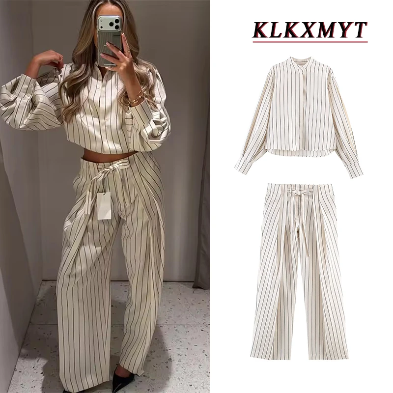 2026 Damen Schicker Freizeitanzug mit Streifenmuster, Einreihiges Lockeres Hemd + Schnürhose mit Weitem Bein, Damen Frühling Sommer Mode-Anzug