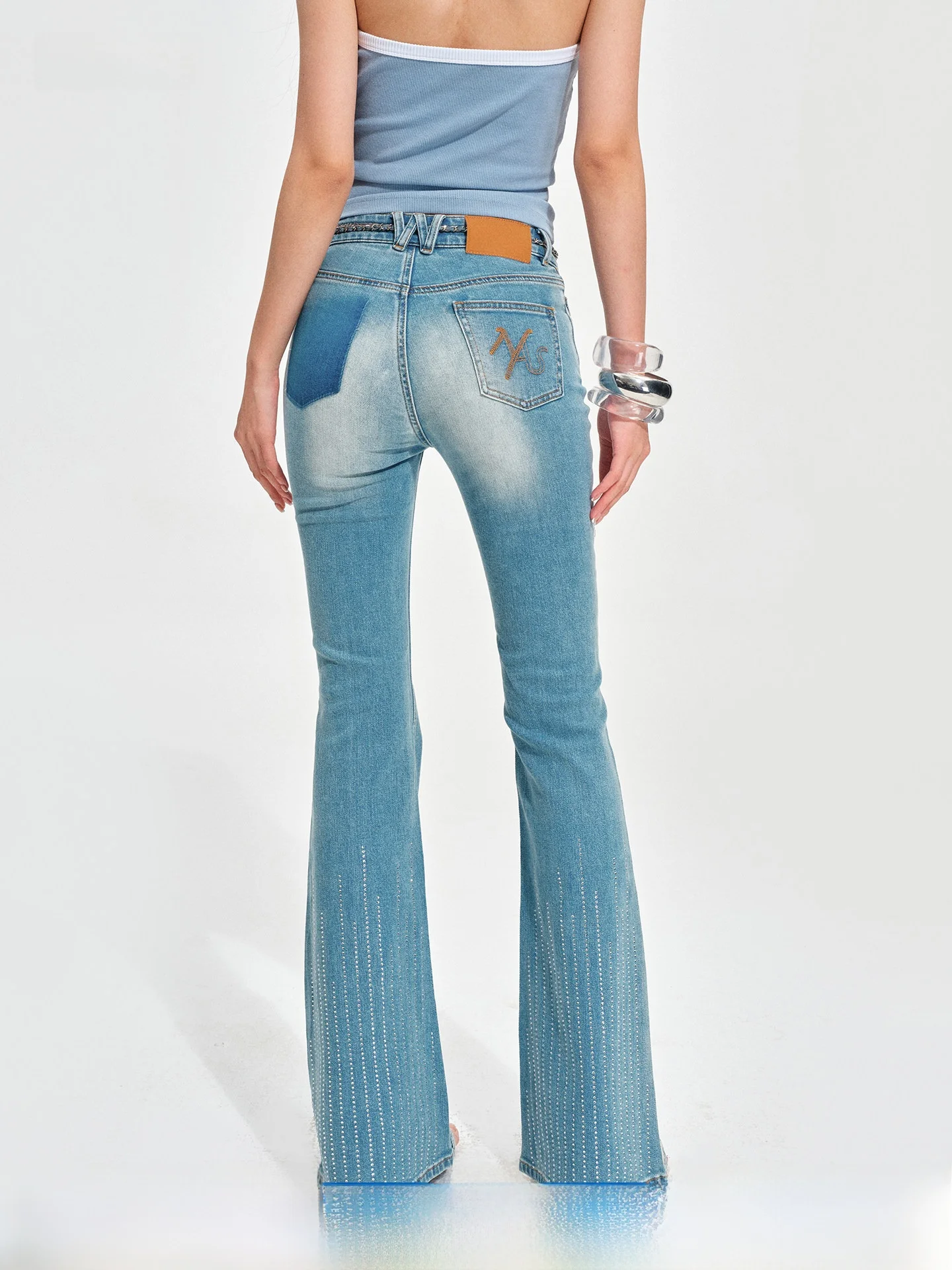 

NAWS Vintage Waed Knitted Denim Capri Pants Glittering Micro Flares mid Waist High Elastici Spring Summer Autumn Straight...