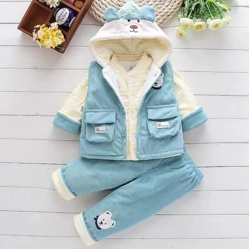 Winter Boys Girls Set Kids Clothes Cotton Corduroy Coat 2023 New Cute Warm Outerwear Pants 3pcs 0-3y Fashion Baby Clothing Suits