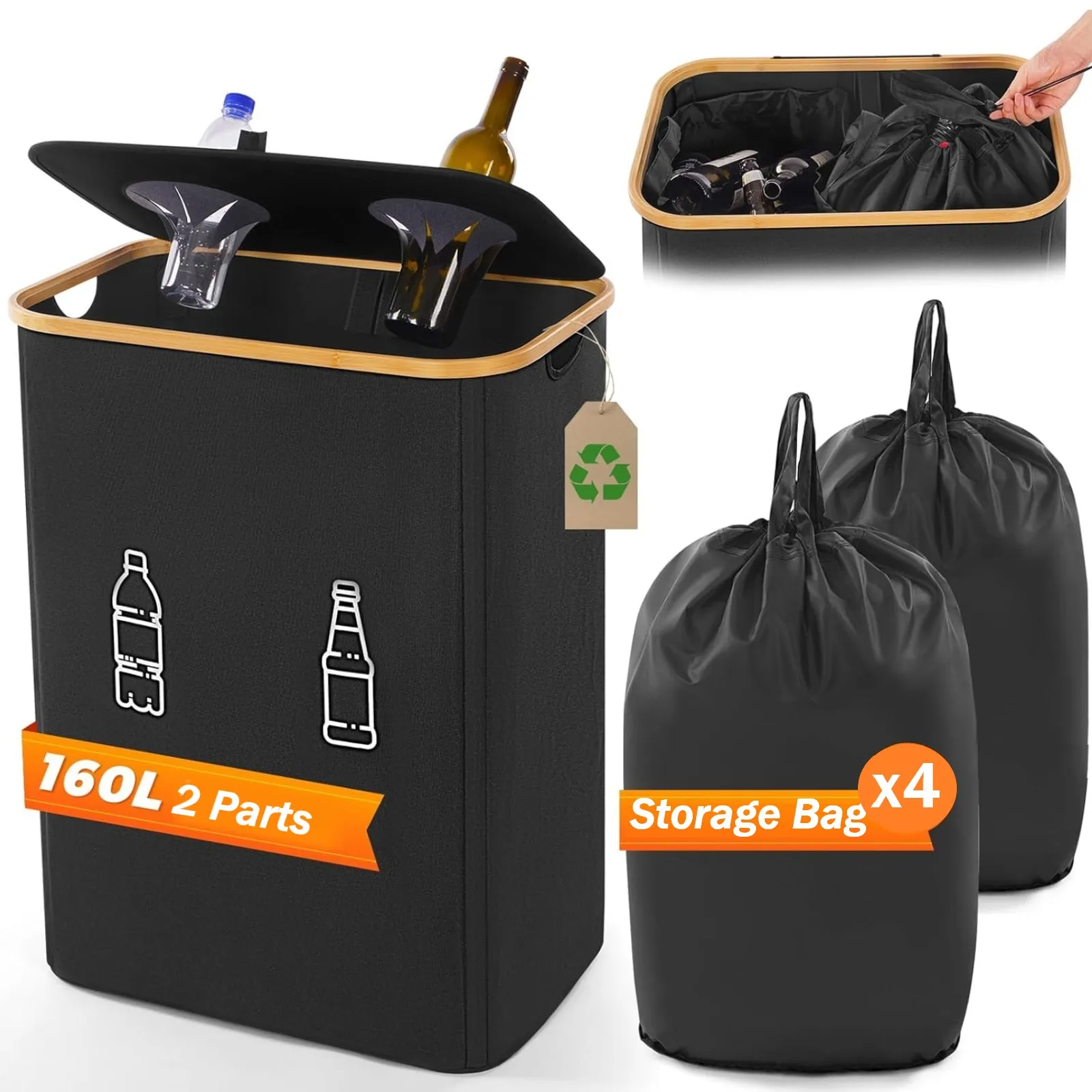 Kosz na śmieci o pojemności 160L, składany, do zbierania butelek, z 4 torbami do przenoszenia, kosz na śmieci, pojemnik na butelki do recyklingu, skrzynia do przechowywania. (Jasnoszary)