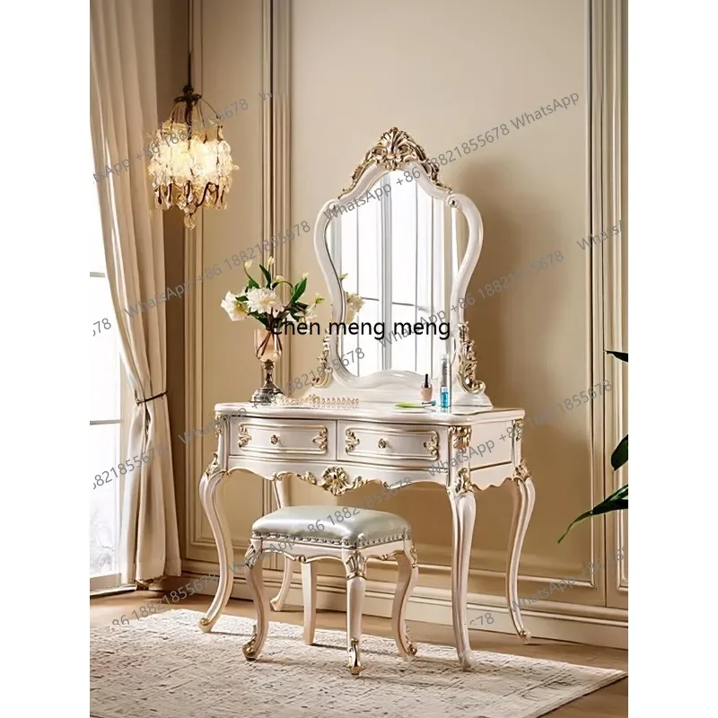 A139 European dressing table Full solid wood bedroom Luxury French engraved pearl white gold makeup table