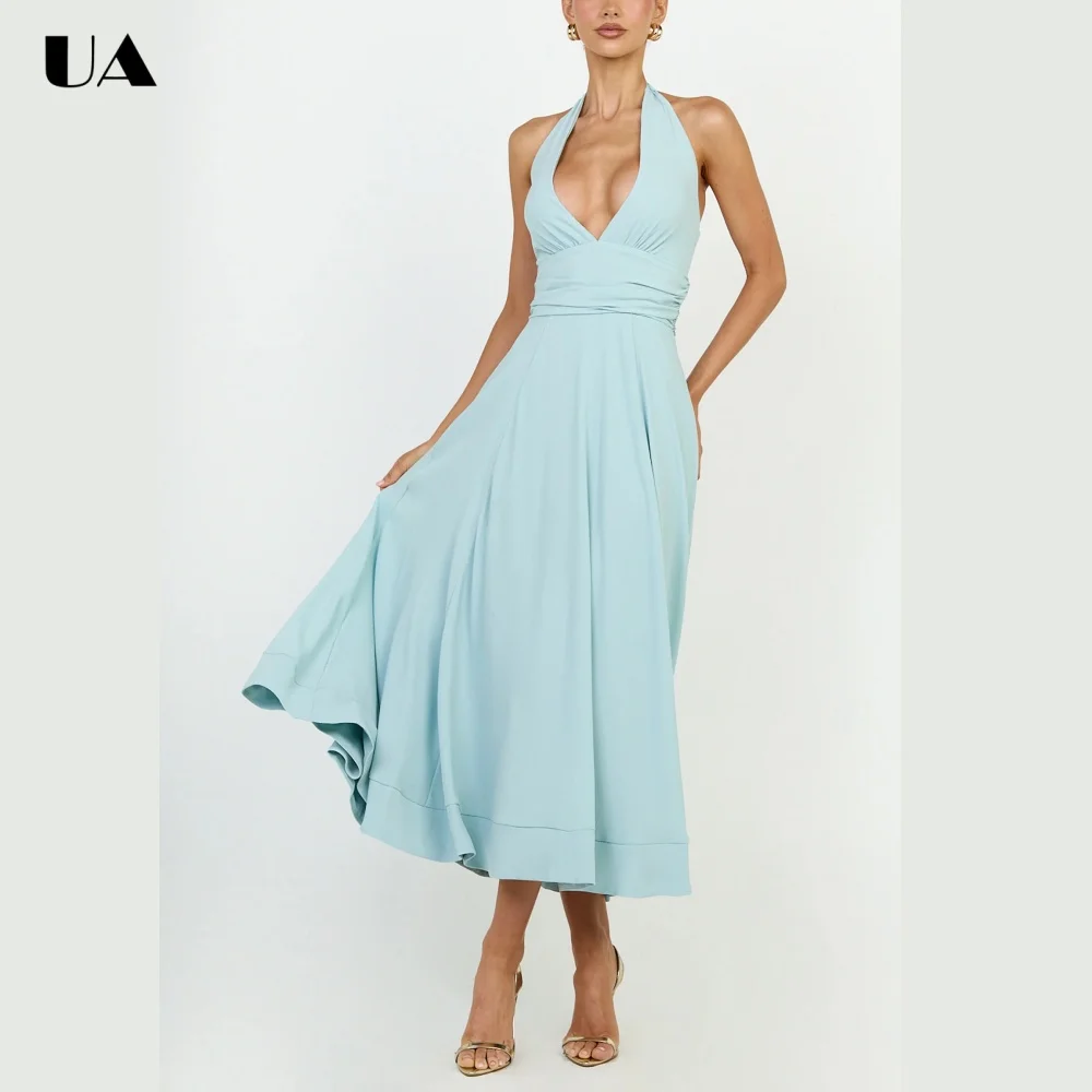 

ULBYANRY Elegant A-line Halterneck Prom Dress for Woman, Simple Solid Sleeveless Party Dress, Customized French Style Midi Dress