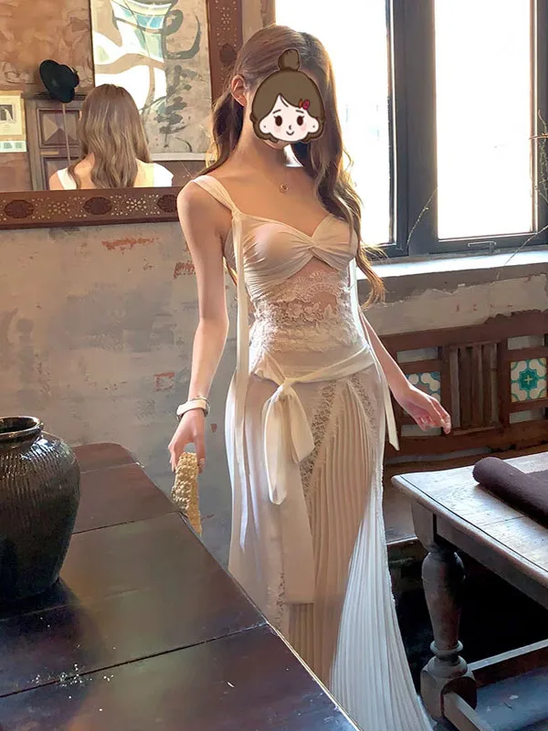 Set Dua Potong Wanita Musim Panas 2025 Tali Renda Tebal Seksi Panjang Dr Pure Desire Gadis Pedas Wanita Set Pameran Bahu V-Ne o...