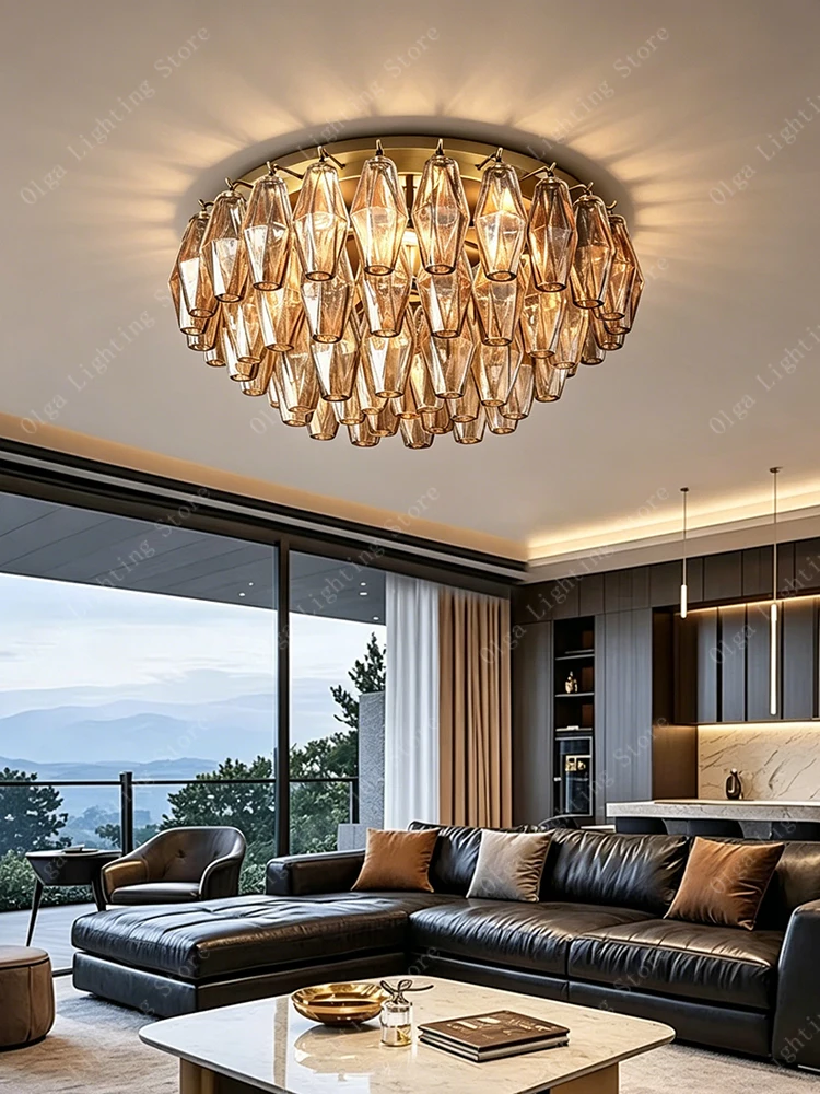 Upgrade Living Room Bedroom Ceiling Light with Amber Glass, Murano Retro Lamparas De Tcho Gold Ceiling Chandelier Vintage