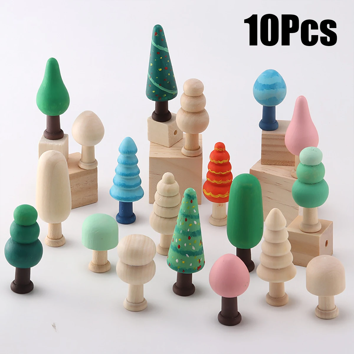 10-teiliges Kreatives Holz-DIY-Bastelset - Bemalbare Pilz- und Baumornamente, Naturholz in heller Farbe, perfekt für Feiertagsdekorationen und Bastelprojekte, unfertige Mini-Malornamente