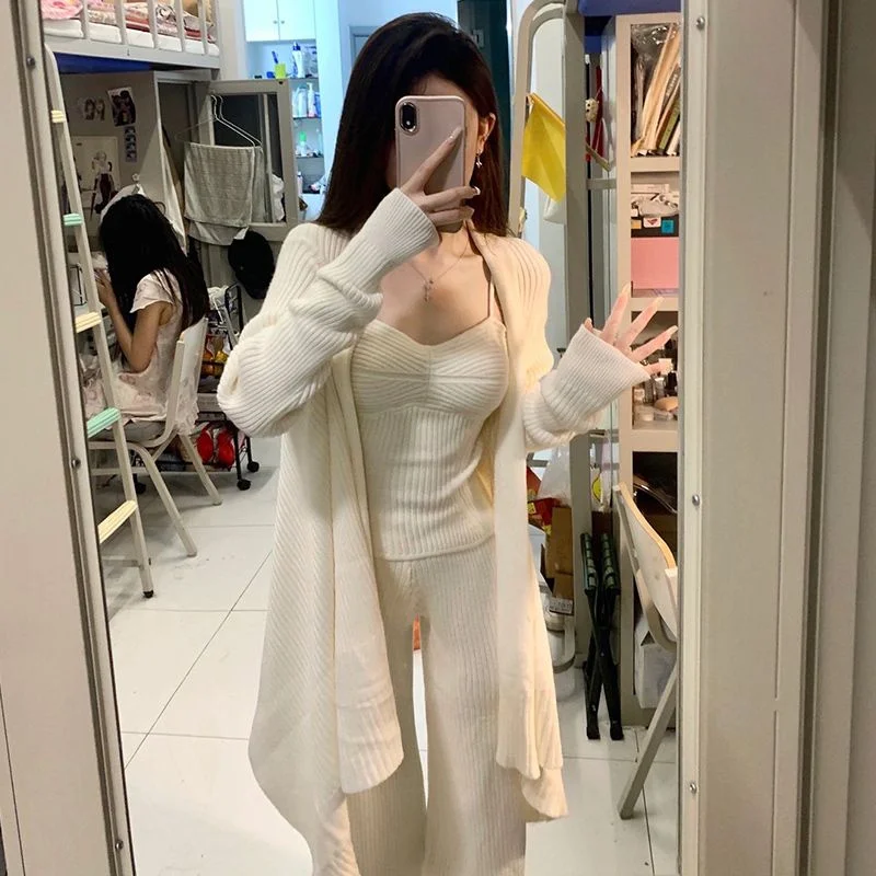 Light Mature Imperial Style Knitted Suit for Women in Spring Autumn Paired With Set of Lazy Style Wide Leg Pants Three Piece Set