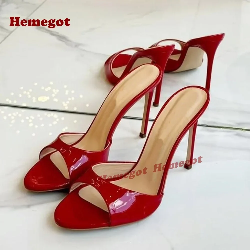 

Сексуальные однотонные пикантные туфли на высоком каблуке с открытым носком, лето 2025, красные лакированные кожаные тапочки на шпильке, новая роскошная обувь для ночного клуба на открытом воздухе, большие размеры 46, роскошная обувь