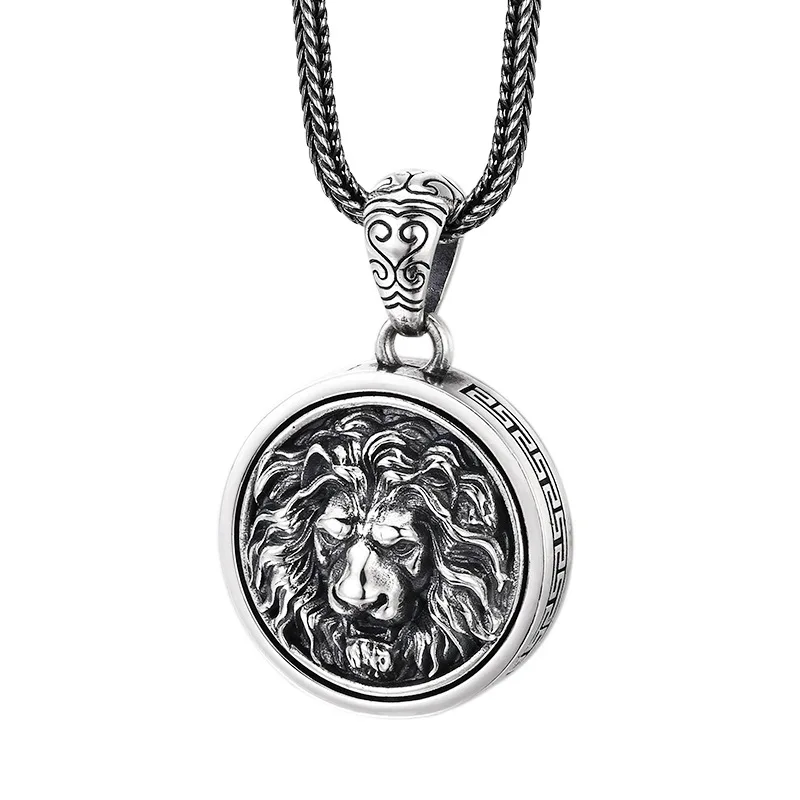 

Vintage Style Rotating Lion Medallion Men's Necklace - 925 Solid Silver Antique Oxidized