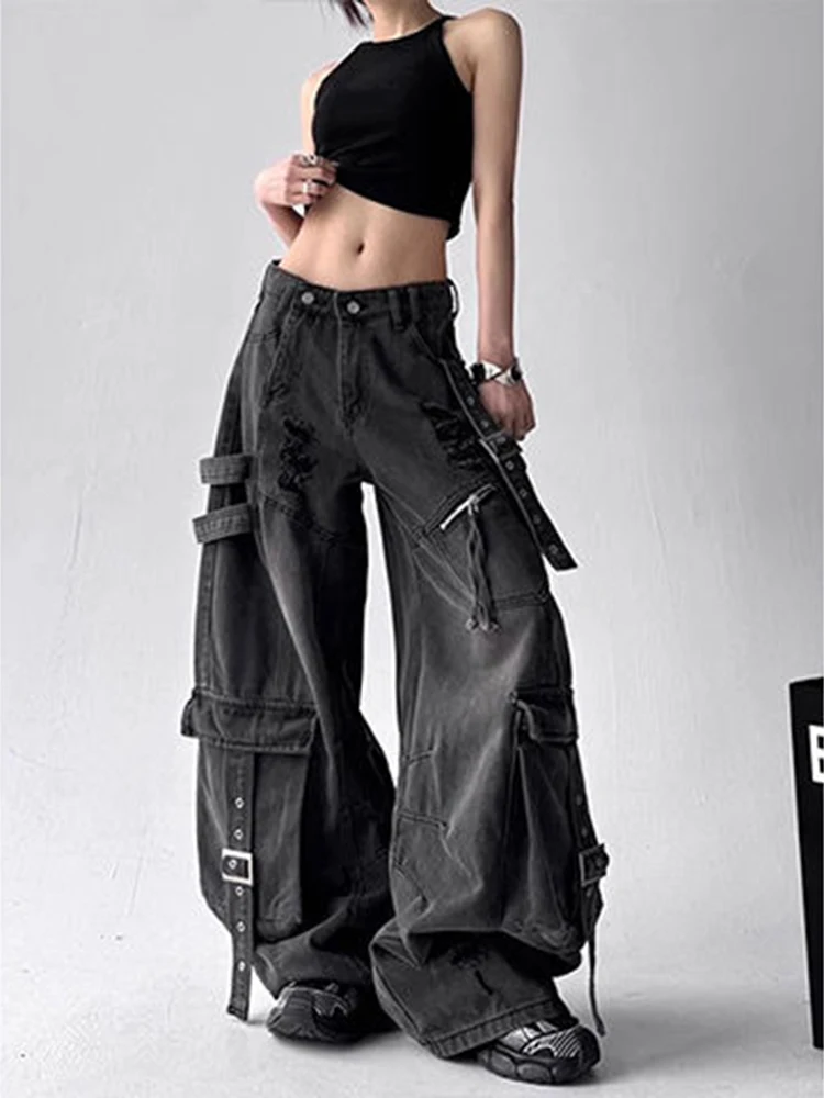 Mujer 2025 otoño nuevo diseño deconstructes tiras a la deriva agujeros rotos pantalones vaqueros negros Multi bolsillo calle pantalones de pierna ancha