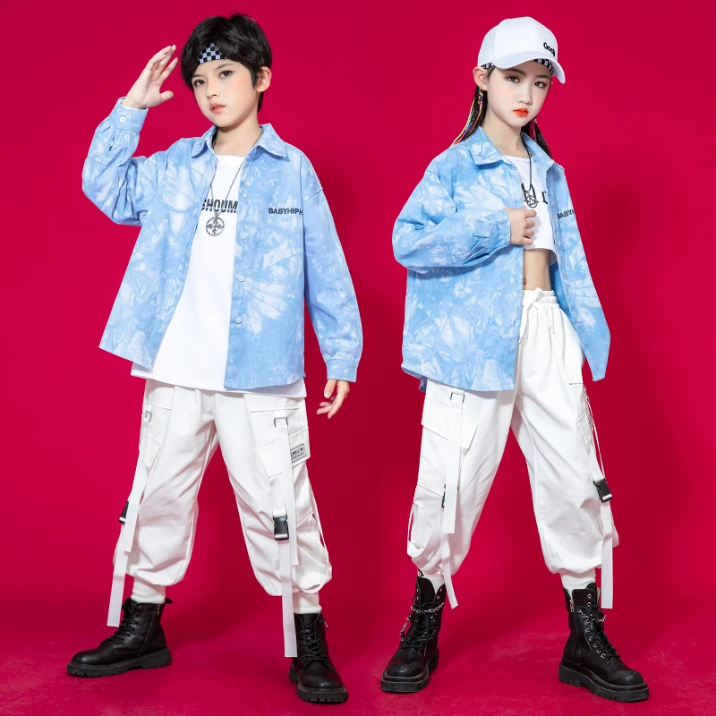 Pantalones Cargo de calle para niños y niñas, traje de baile de Jazz, ropa de escenario para niños, ropa de espectáculo de Hip Hop Kpop, camisa Tie Dye azul, informal