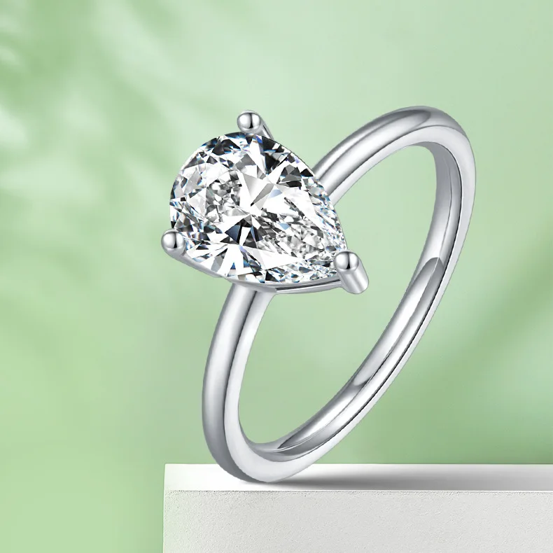 

S925 Silver 3CT Pear Shape D Color Moissanite Ring, Lab Grown Diamond Alternative Solitaire