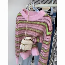 Korejpaa Pull Femme Color Blocking Striped Faux Mink Sweater Women Autumn Winter Retro Knitted Top Casual Pullover Clothes