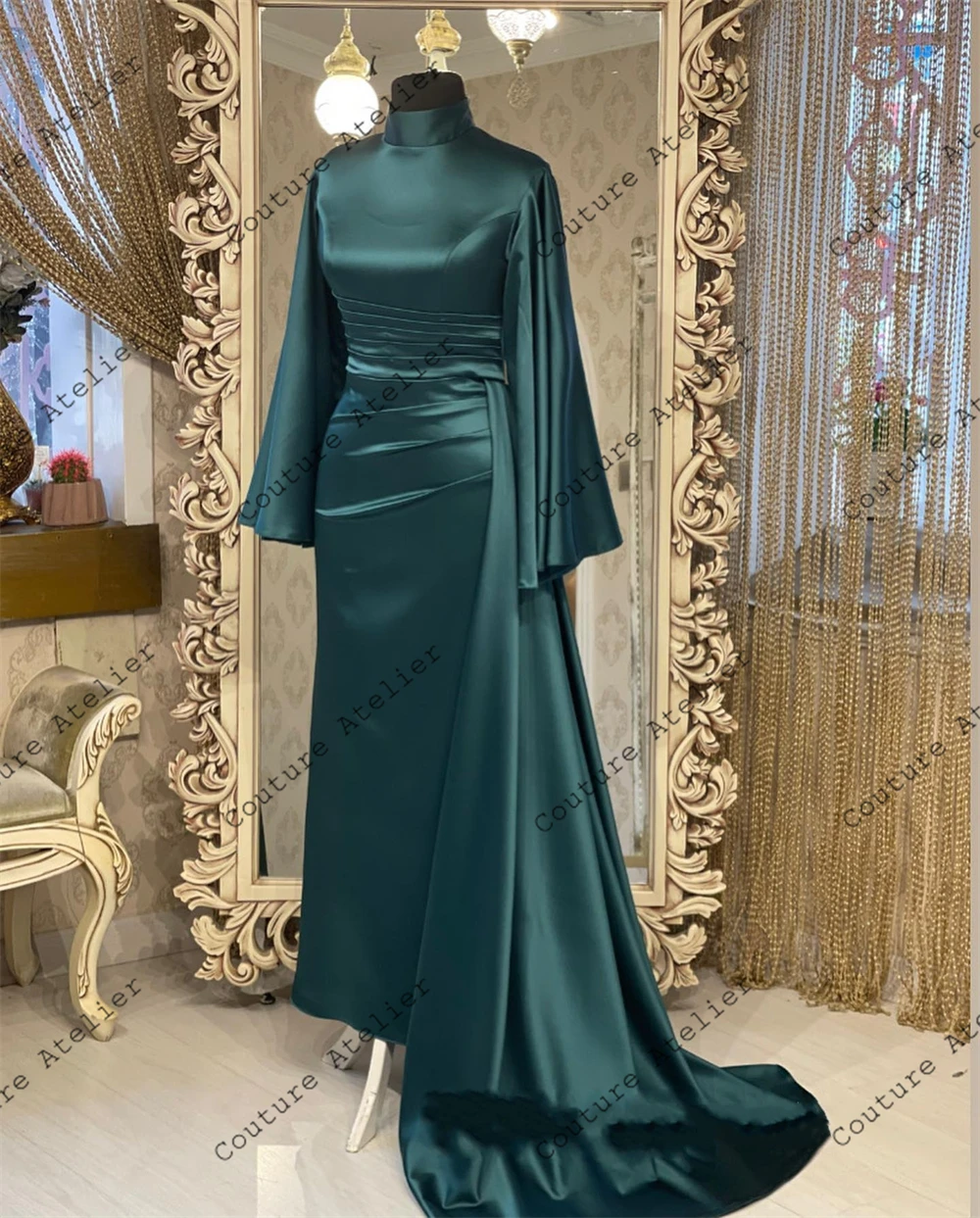 Elegante vestido de noche musulmán de satén para fiesta y boda, vestido Formal de sirena de manga larga con forma de tren