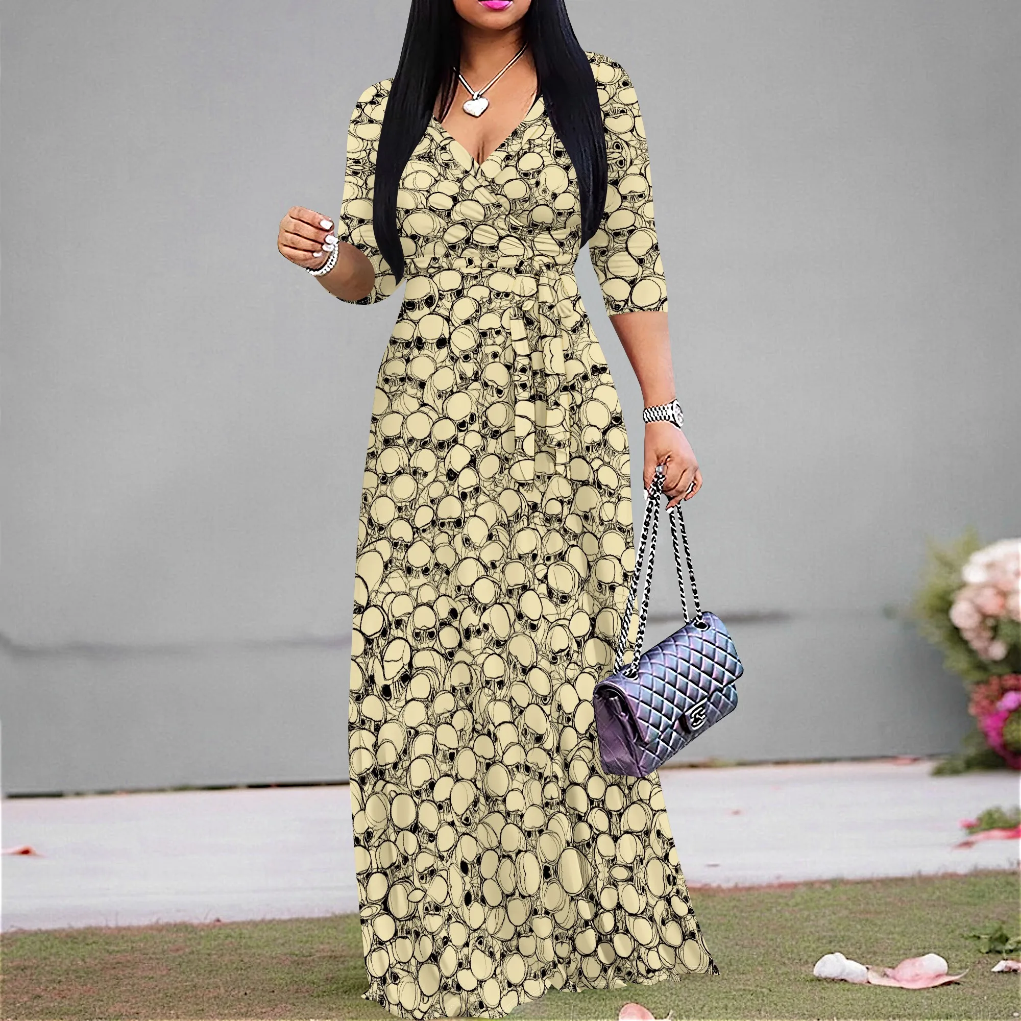 

Skull Print Maxi Dress S-3XL V-Neck Belted for Halloween Party, Gothic Event or Rock Concert Look