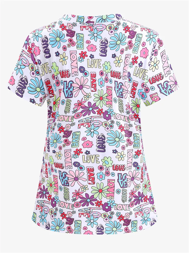 Medical Uniform for Women Floral Print Girly Surgical Uniforms V-Neck Short Sleeve Patch Pocket Tops Nursing Uniforms for Women