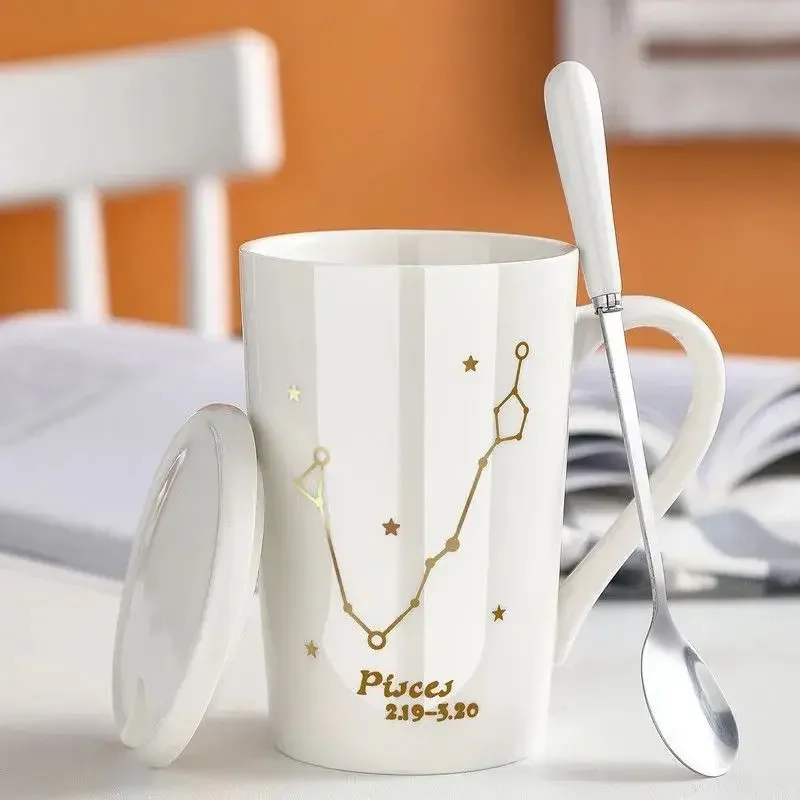 With Gift Box 12 Constellations Ceramics Mugs Spoon Lid White Porcelain Zodiac Milk Coffee Cup 400ML Water 1 set