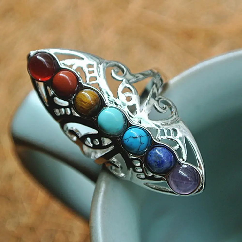 Unisex Jewelry Adjustable Reiki Gem Ring Healing Hollow Stone 7 Chakra Silver Plated