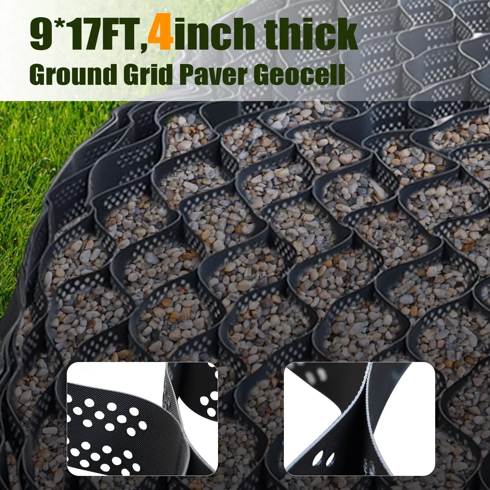 Thick HDPE Ground Grid Honeycomb Geocell Permeable Pavers Revetment Drilling, 9x17Ft Ground Grid Scalable Ground Grid Driveway