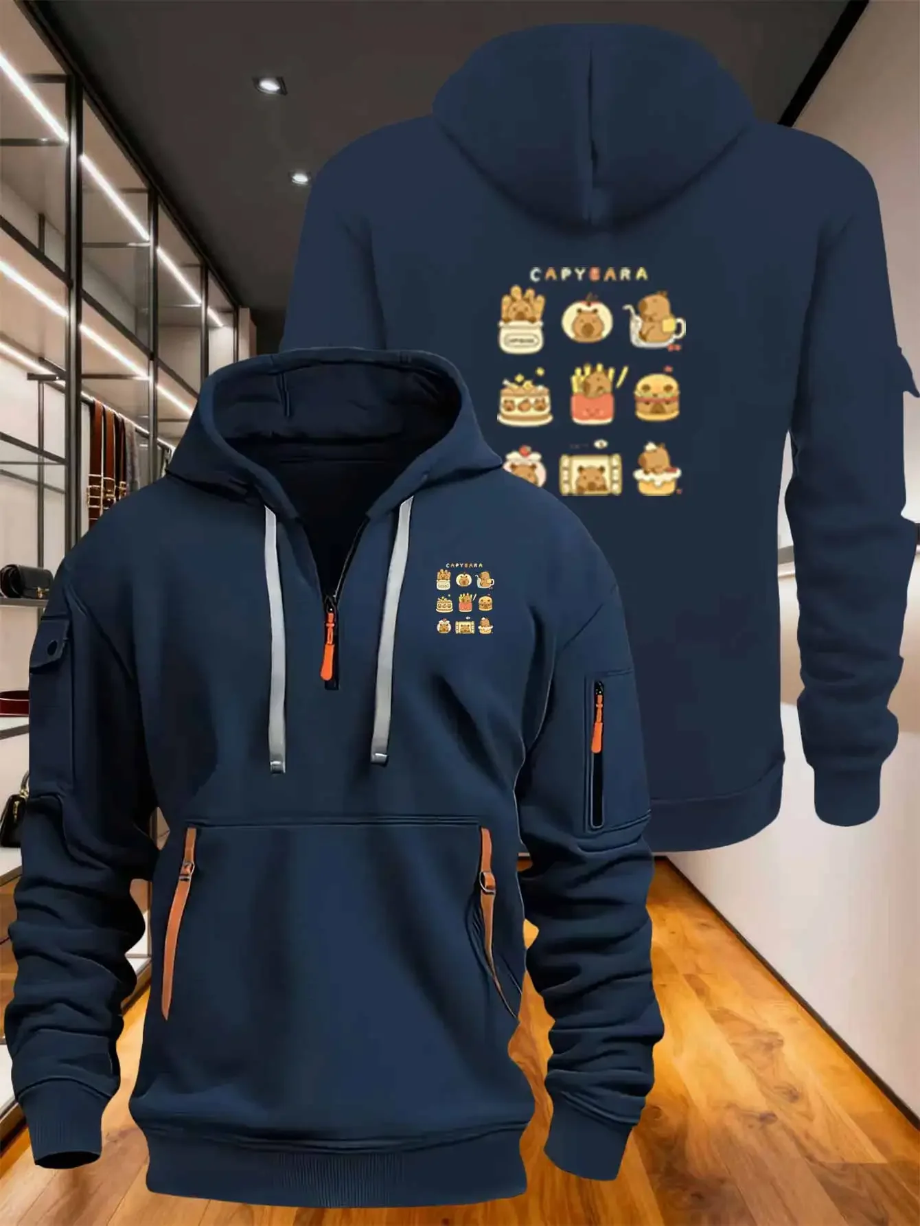 Men's Hoodie Fashionable Multi Zipper and Pocket Loose Hoodie Printed with Dolphin and Food Patterns