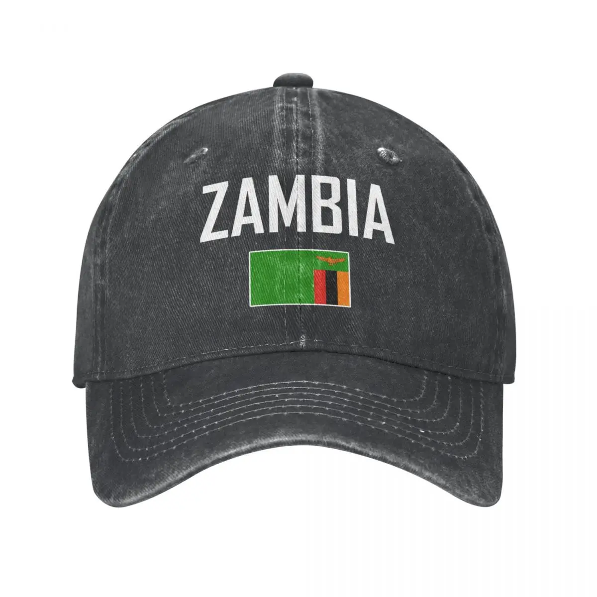 

Men Baseball Cap ZAMBIA Flag And Font Charcoal Washed Denim Classic Vintage Cotton Dad Trucker Hat Unisex Adult