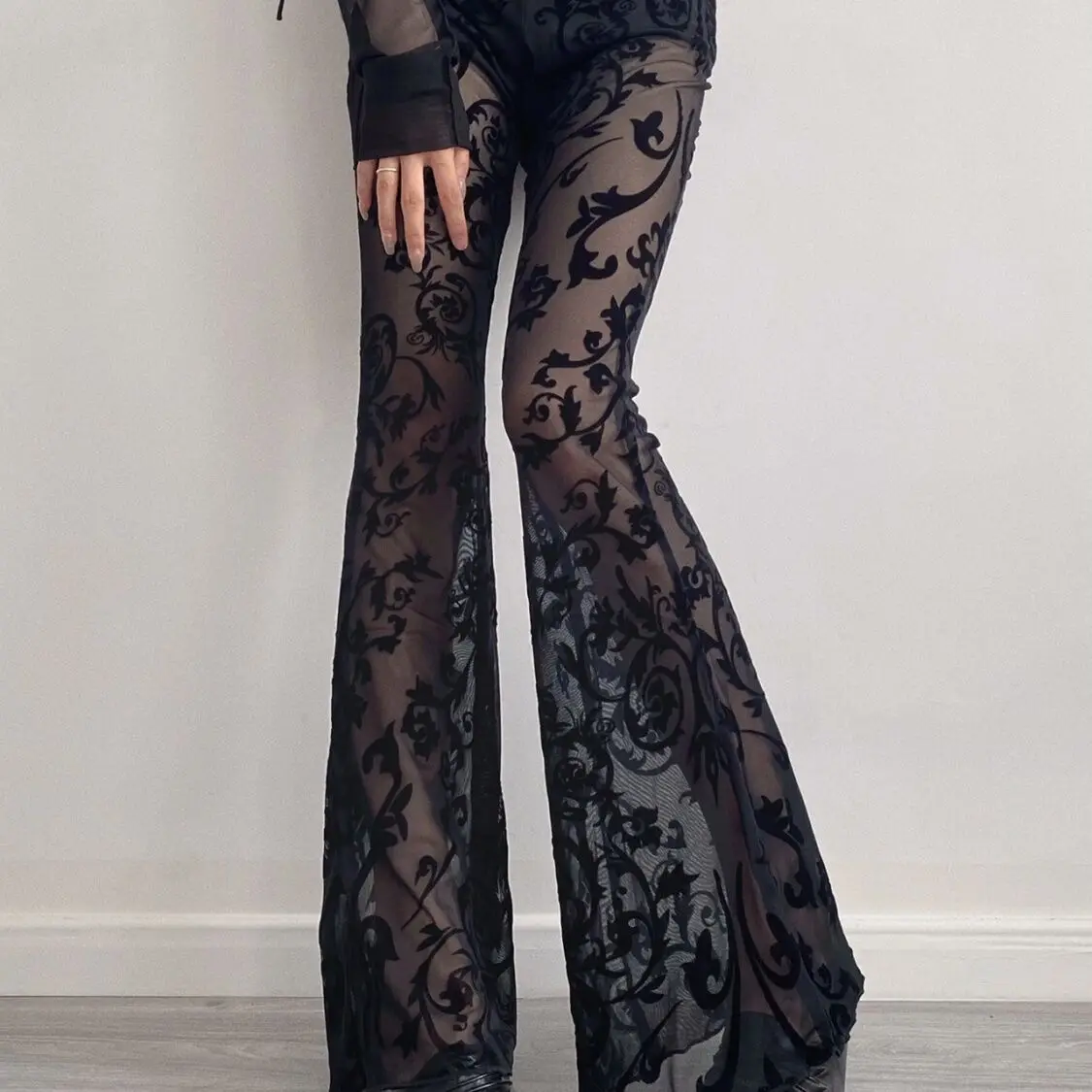 Sexy Lace Wide-leg Pants 2026 Summer Women Cool Black Hollow-out Pants Spice Girl Lace Slim Flare Pants High-waisted Trousers