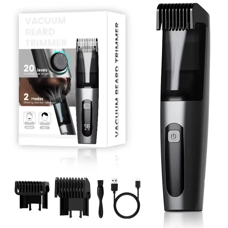 Vacuum Beard Trimmer for Men Waterproof 20 Cutting Lengths 2 Suction Modes LED Digital Display Hair Clipper with 2 Guide Combs