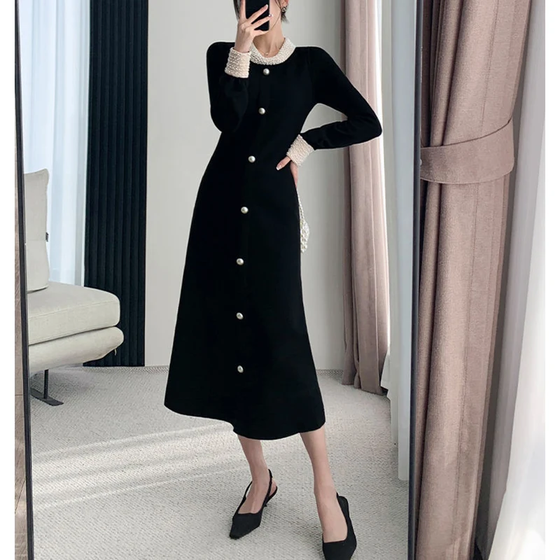 Imagem -05 - Mulheres de Malha Manga Comprida Vestido Miçangas Patchwork Elegante Preto Midi Robe Botões Temperamento Outono Inverno Moda