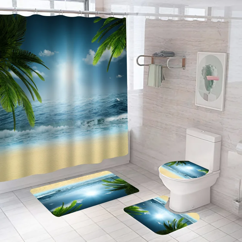 1/4pc View Pattern Set, Summer Beach Blue Sky Palm Tree Bathroom Sets With Shower Curtain And Rugs, Machine