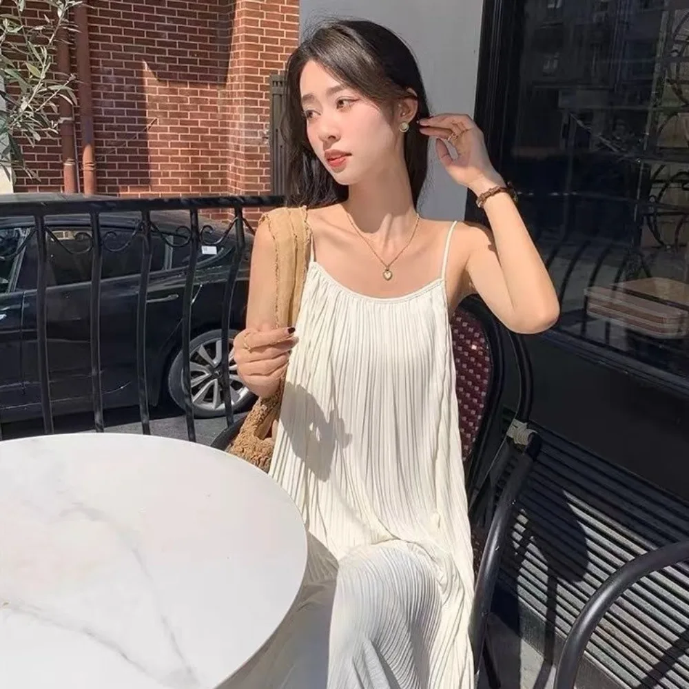 Fashion A-line Loose Sling Dress Solid Color Beachwear Sleeveless Long Dress Round Neck Beach Vacation Sundress Streetwear