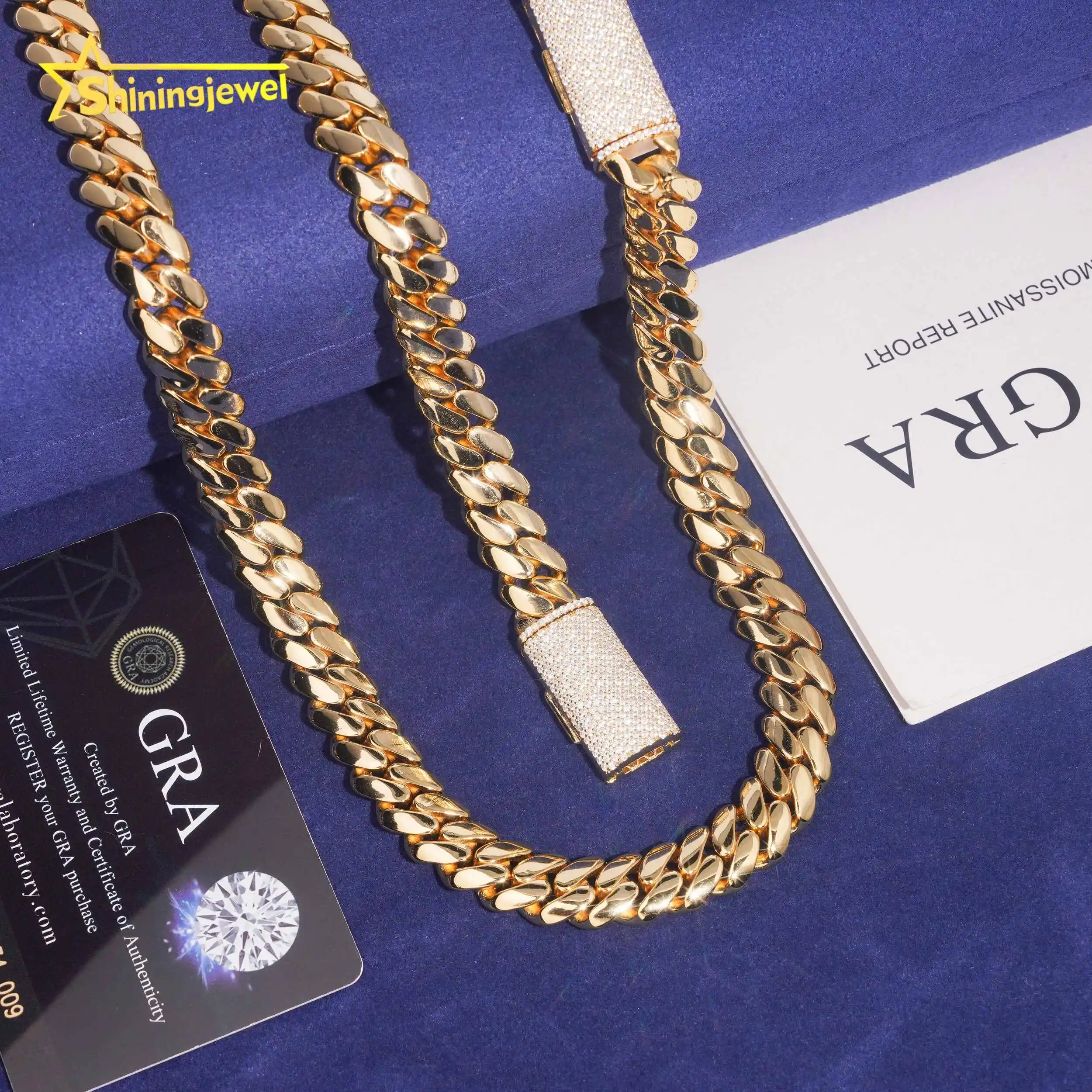 925 Silver 12mm Gold Plated Plain Cuban Link With Moissanite Lock Hip Hop Jewelry Custom Cuban Link Chain for Rapper，