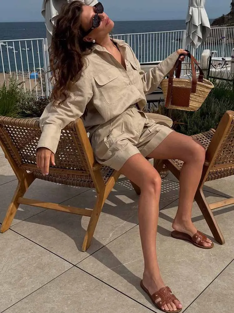 Mcdv moda solta camisa shorts conjunto feminino cáqui algodão manga longa bolsos único breasted topo plissado shorts senhora do escritório outfit