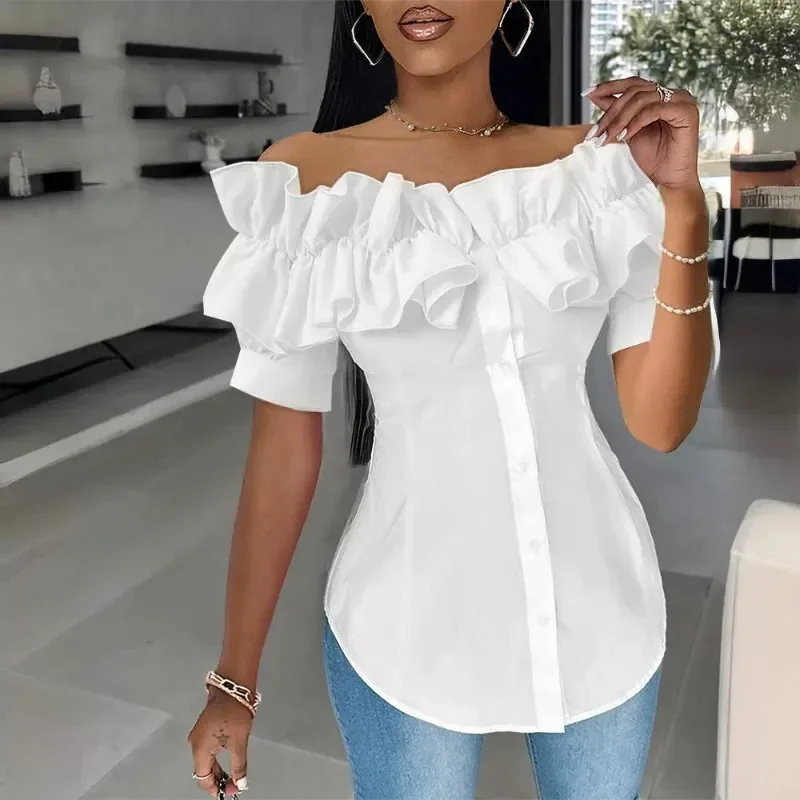 Spring Summer New Women's Clothing Solid Color Fashion off-Shoulder Ruffled Short Sleeves Shirt