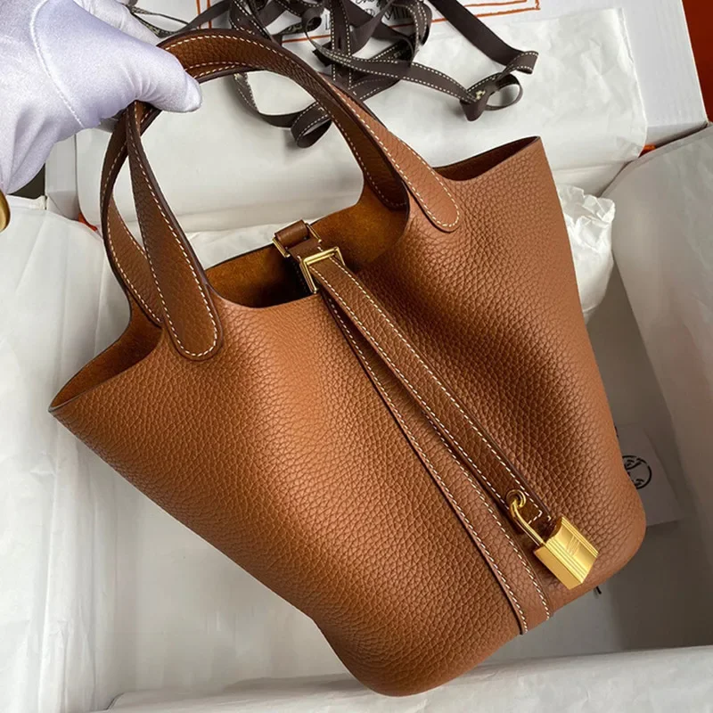 Bolso tipo cubo de cuero hecho a mano, bolso de mujer, bolso de viaje Picotin de cuero TC suave con patrón de lichi, cera de miel cosida a mano