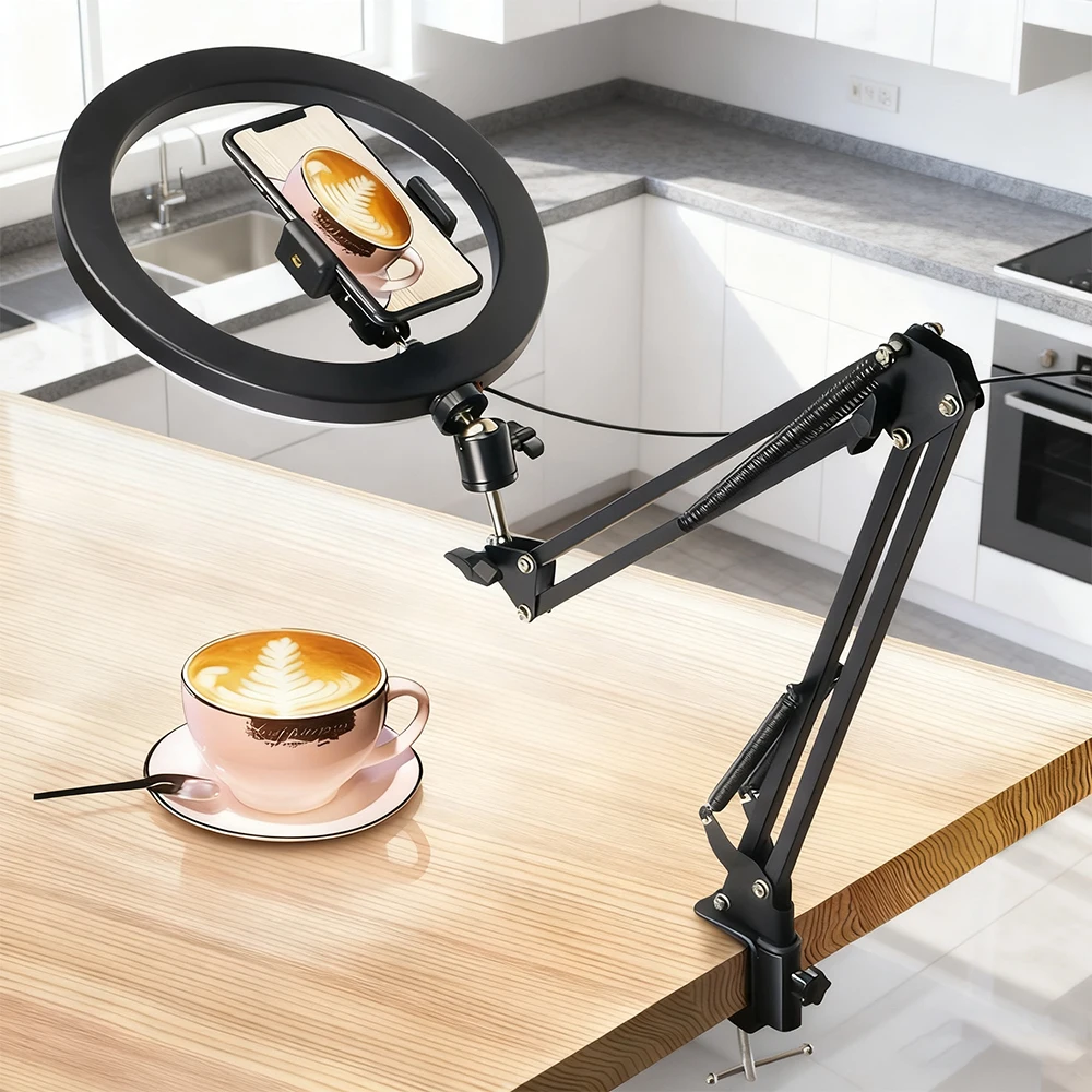 Aro de Luz LED para Selfies con Soporte para Teléfono y Brazo Plegable, Luz de Relleno Circular Regulable para Fotografía y Video, Ideal para Transmisiones en Vivo en YouTube