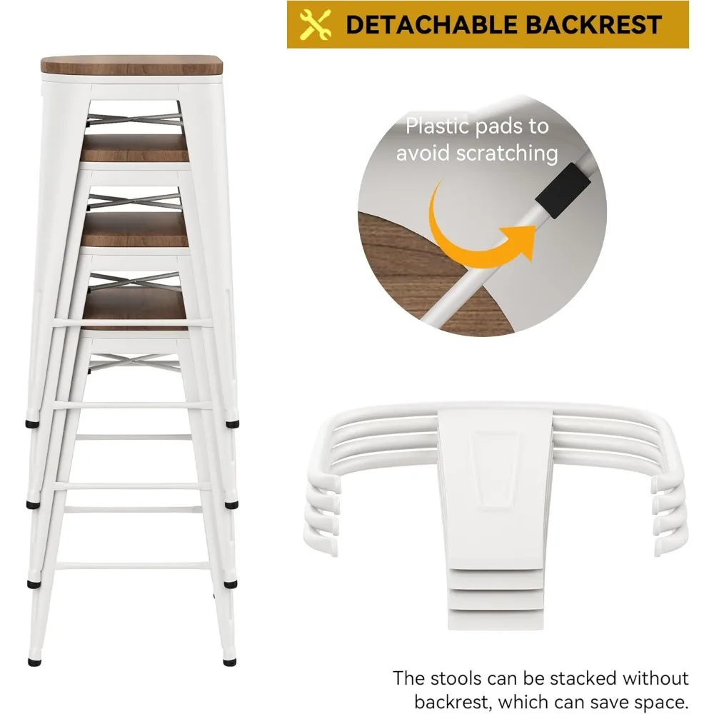 مقاعد بار معدنية بارتفاع عداد على الطراز الصناعي مع مقاعد خشبية، مجموعة من 4 قطع، 24 مرتفعة