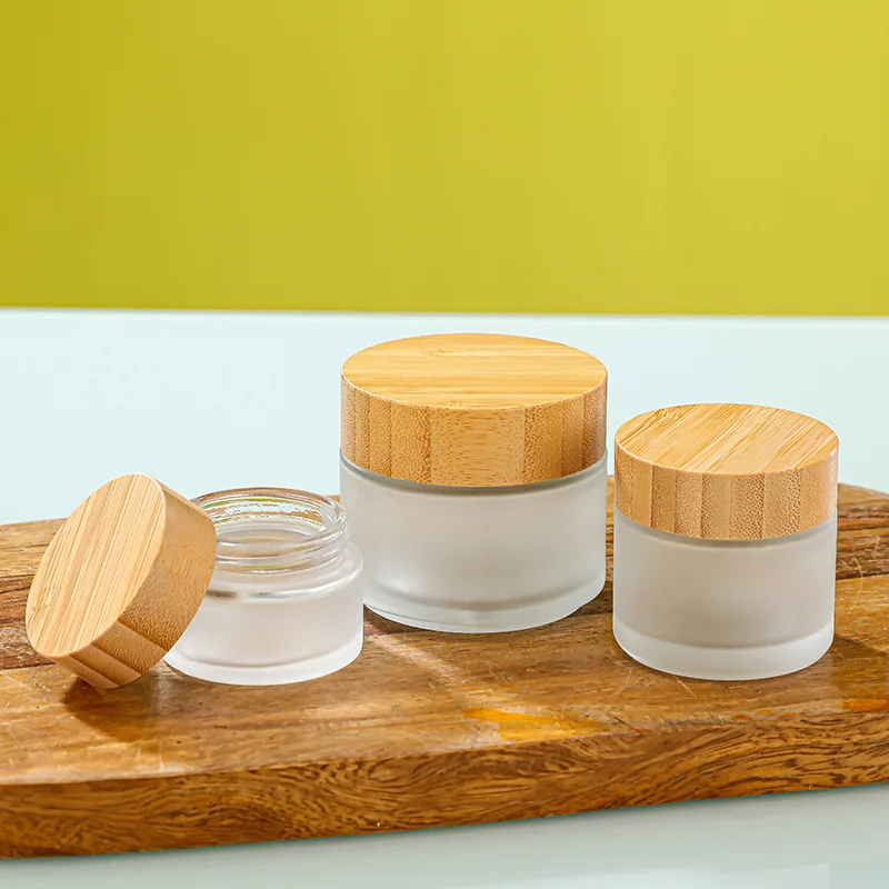 Empty Jars Bamboo Lid Frosted Glass Cream Jar Cosmetic Container 5g-100g Glass Bottle Make Up Container Travel Cosmetic Jars