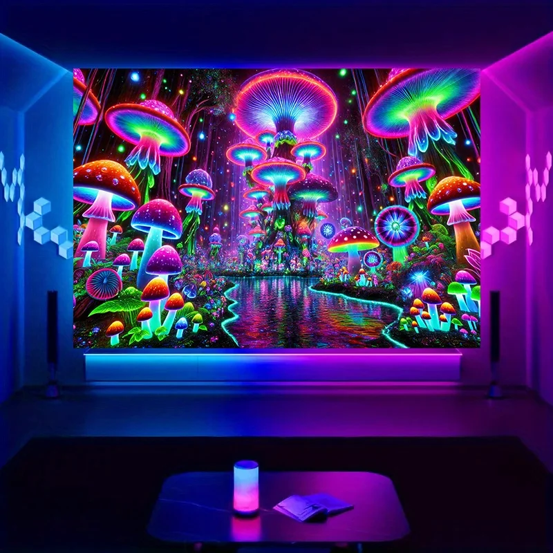 VIKAMA Glowing Mushroom Forest Tapestry Neon Rainbow Fungus Wall Hanging Trippy Fantasy Backdrop Gaming Room Decor