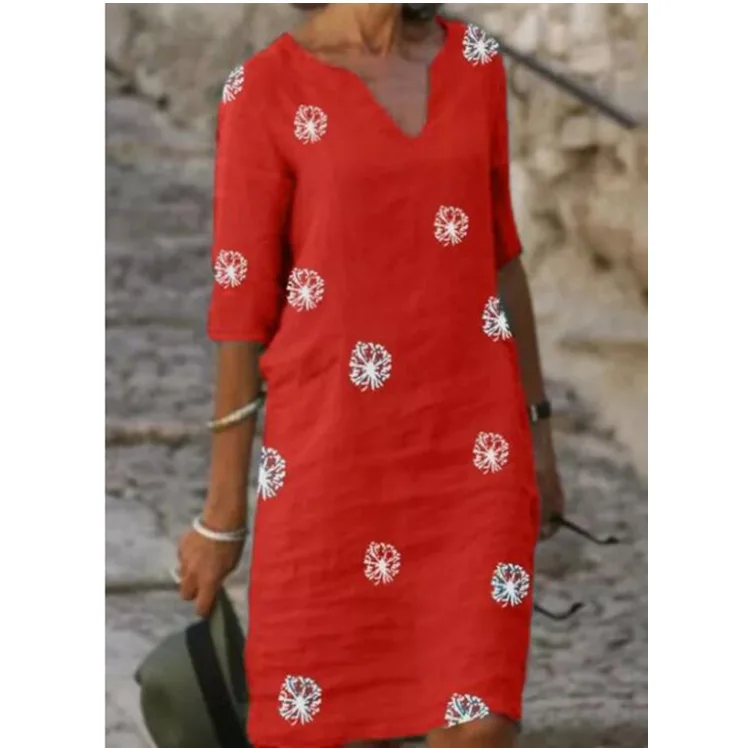 Women Elegant Floral Print Dress Summer New Half Sleeve Knee-length Casual Office Beach Dresses Vestidos