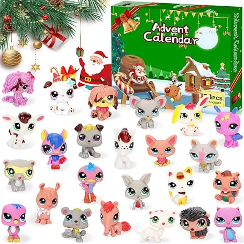 Calendário do advento dos brinquedos do animal de estimação 2025,24 dias figuras dos animais de estimação calendário do advento de natal, figuras de ação animais dos desenhos animados brinquedo da coleção do gato do cão