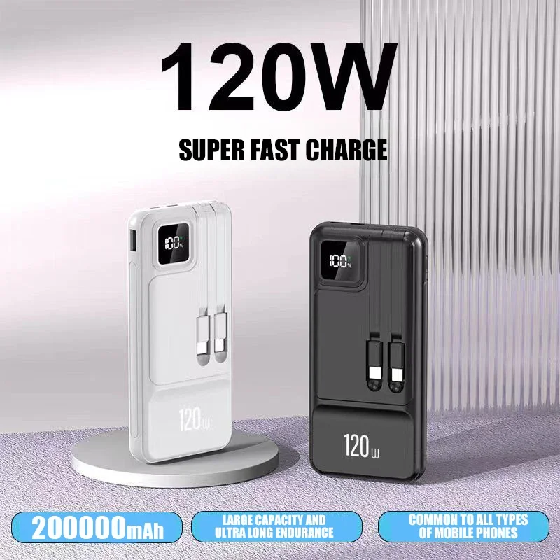 Lenovo 120W Power Bank 200000mAh High Capacity Fast Charging With 2 Cable Portable Battery Charger For iPhone Samsung Huawei