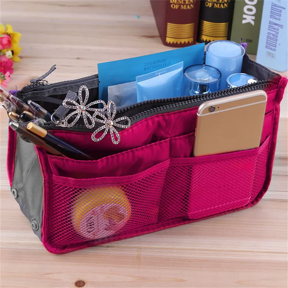 Women Cosmetic Organizer Bag Nylon Travel Insert Organizer Handbag Foldable Large Capacity Insert Bag Liner Makeup Tote