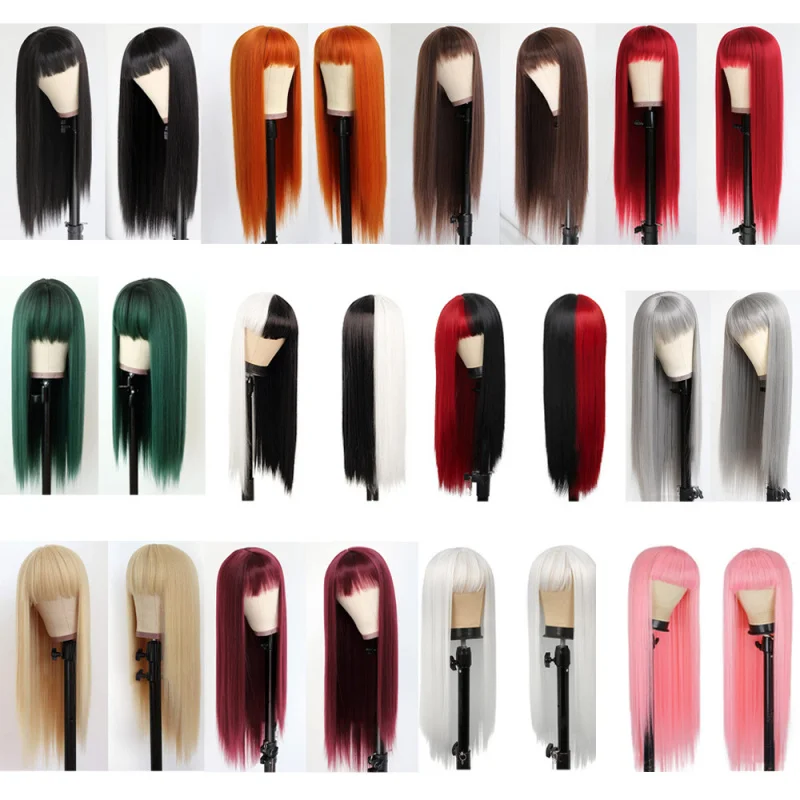 Synthetic Fiber Wig Female Long Black Hair Woven Full Head Set Fashion Long Straight Hair With Bangs High Temperature Silk