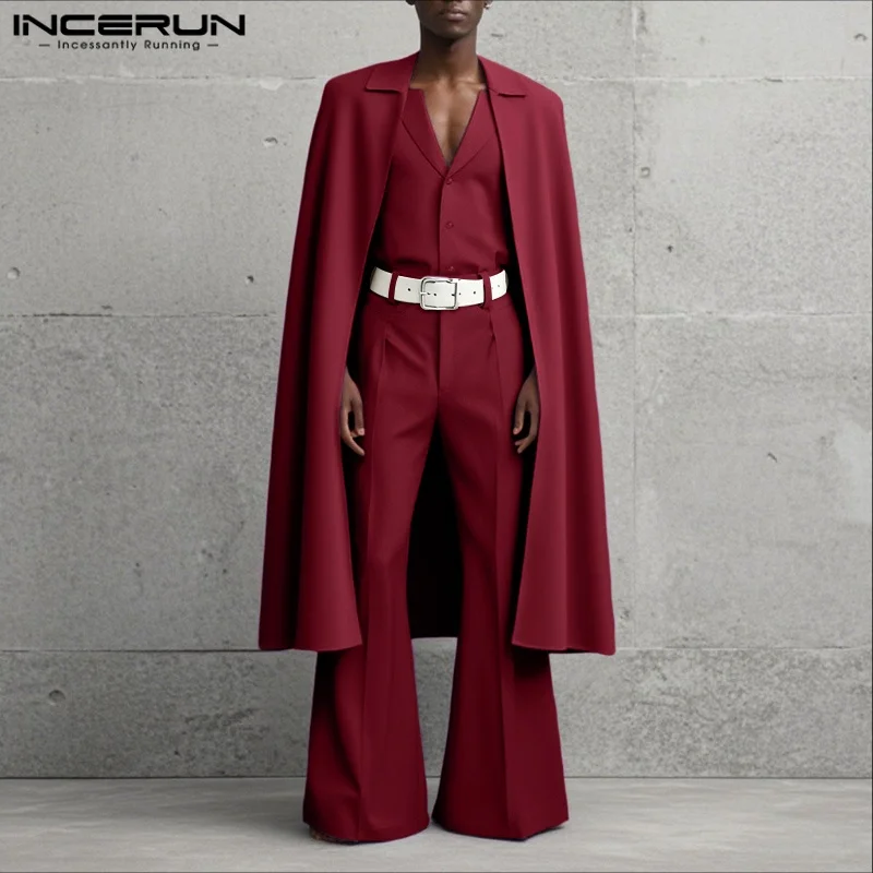 INCERUN Men Sets Solid Color Lapel Long Sleeve Long Style Cloak Blazer & Pants 2PCS Streetwear Loose Fashion Men's Casual Suits