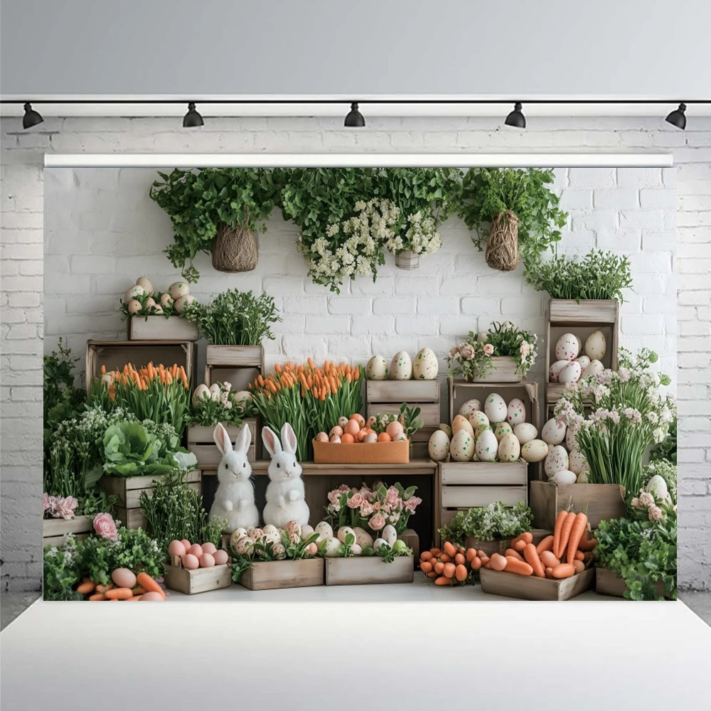 Spring Easter Photography Backdrop Wooden Board Wall Flowers Bao Cai Carrots Rabbits Eggs Kids Birthday Party Photo Background